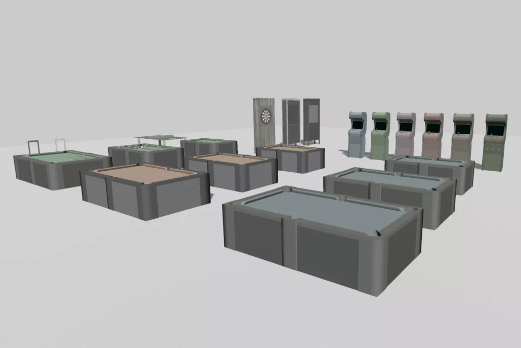 OWA Bar Games with pool, darts, and ping-pong props for 3D Environments