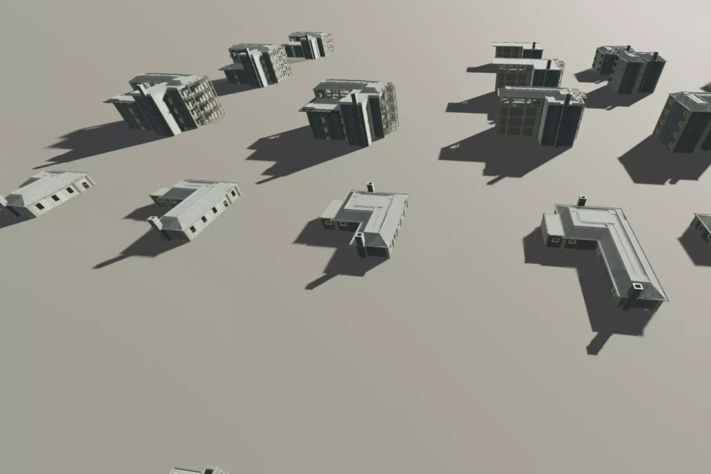 Wide shot of many 3d buildings