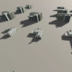 Wide shot of many 3d buildings