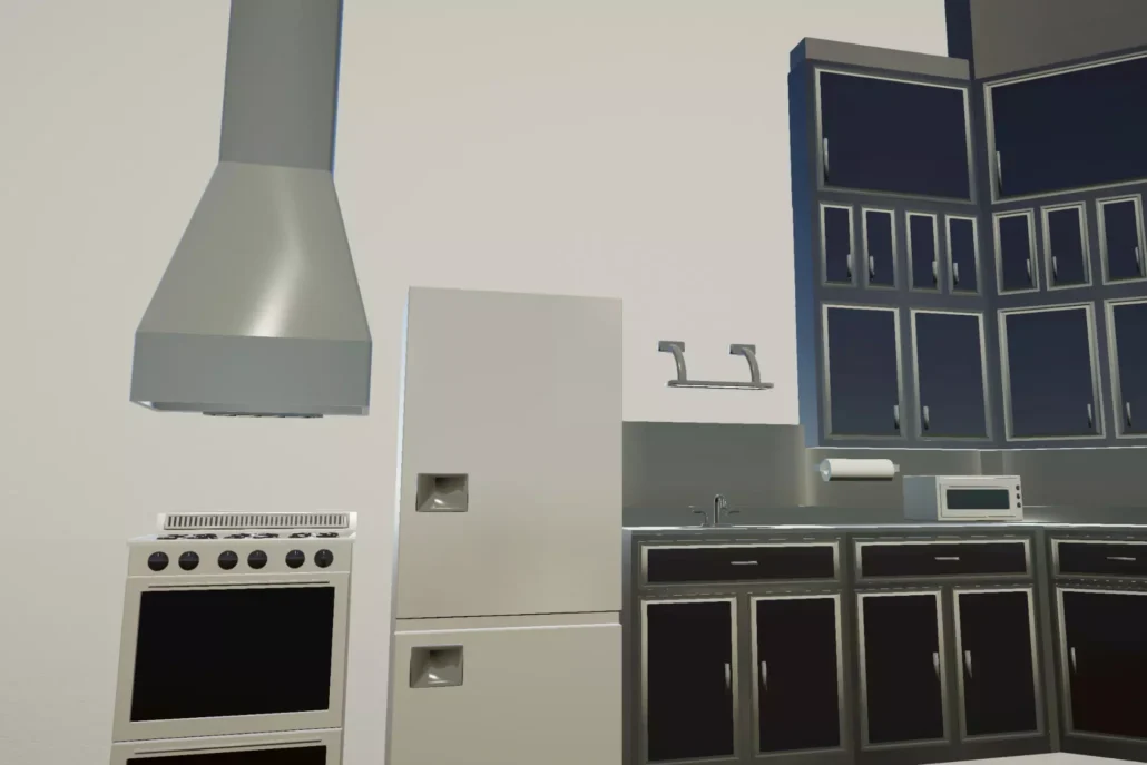 OWA Kitchen counter, stove, cabinets, and sink