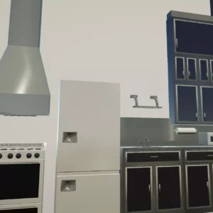 OWA Kitchen counter, stove, cabinets, and sink